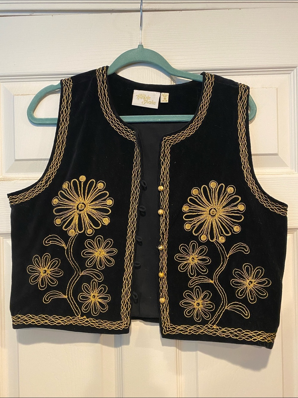 The Hippie Shake Black Velvet Embroidered Vest with Gold Floral Detailing